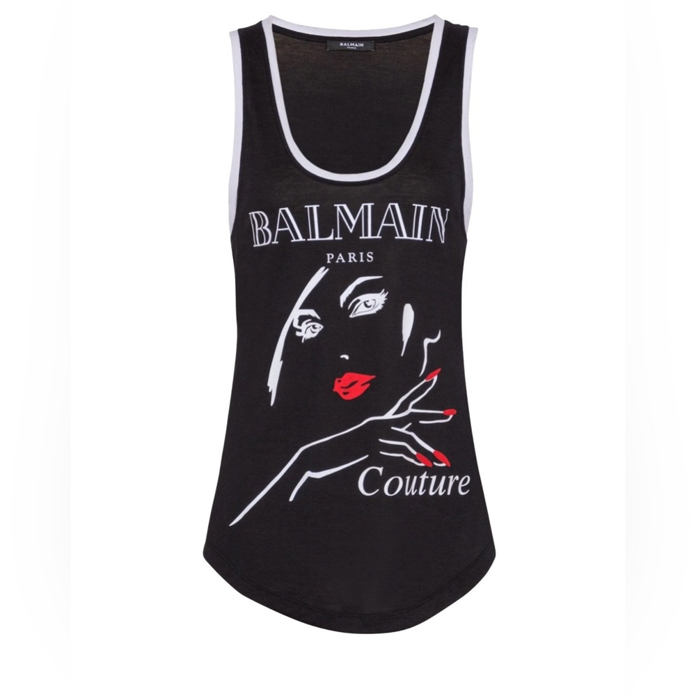 Balmain Black Graphic Tank with White and Red Accents